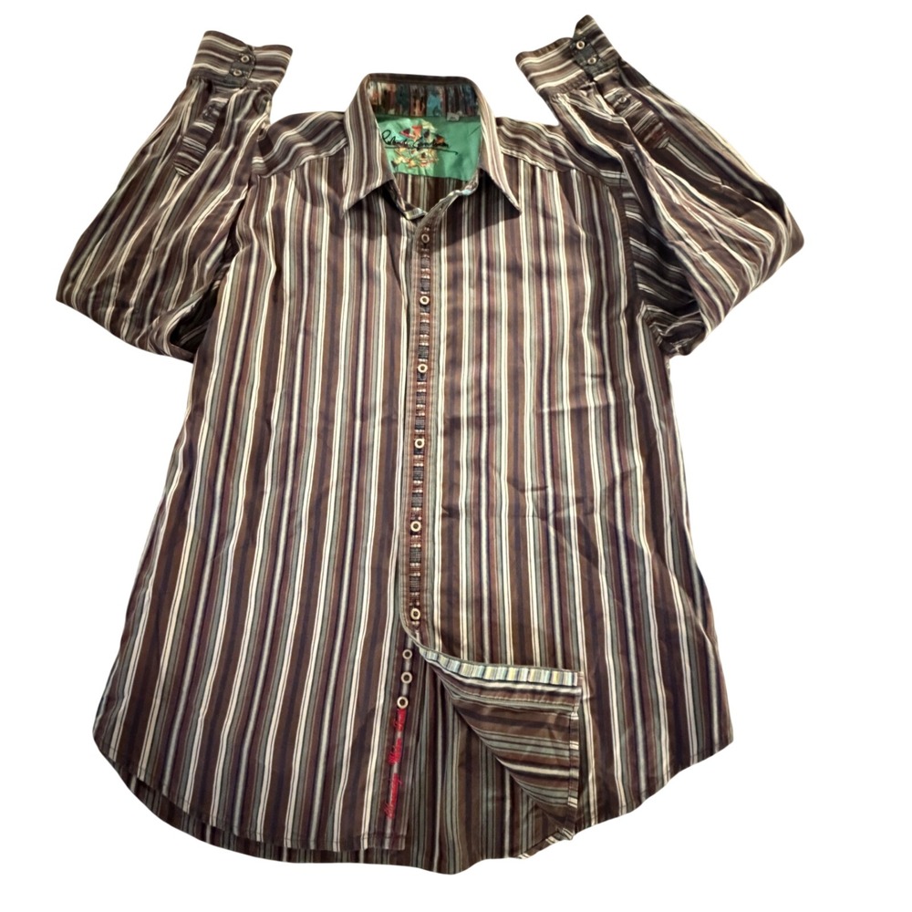Robert Graham Button Down Shirt Mens XL Brown Teal Stripe Knowledge Wisdom Truth